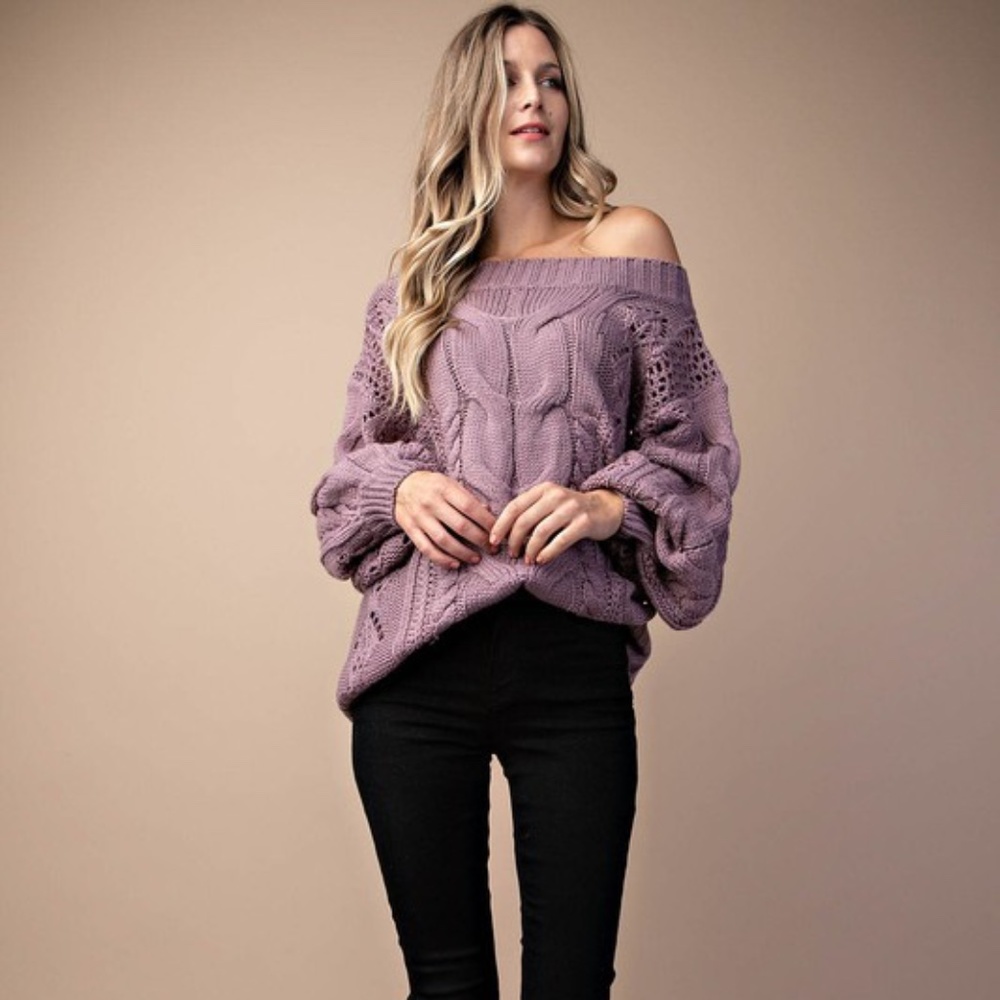 Cozy off shoulder cable knit puff sleeve Sweater - Picture 4 of 10